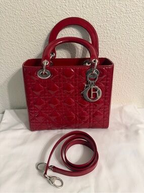 ❌❌❌SOLD❌❌❌Dior Red Patent Lady Dior Satchel with Detachable Strap